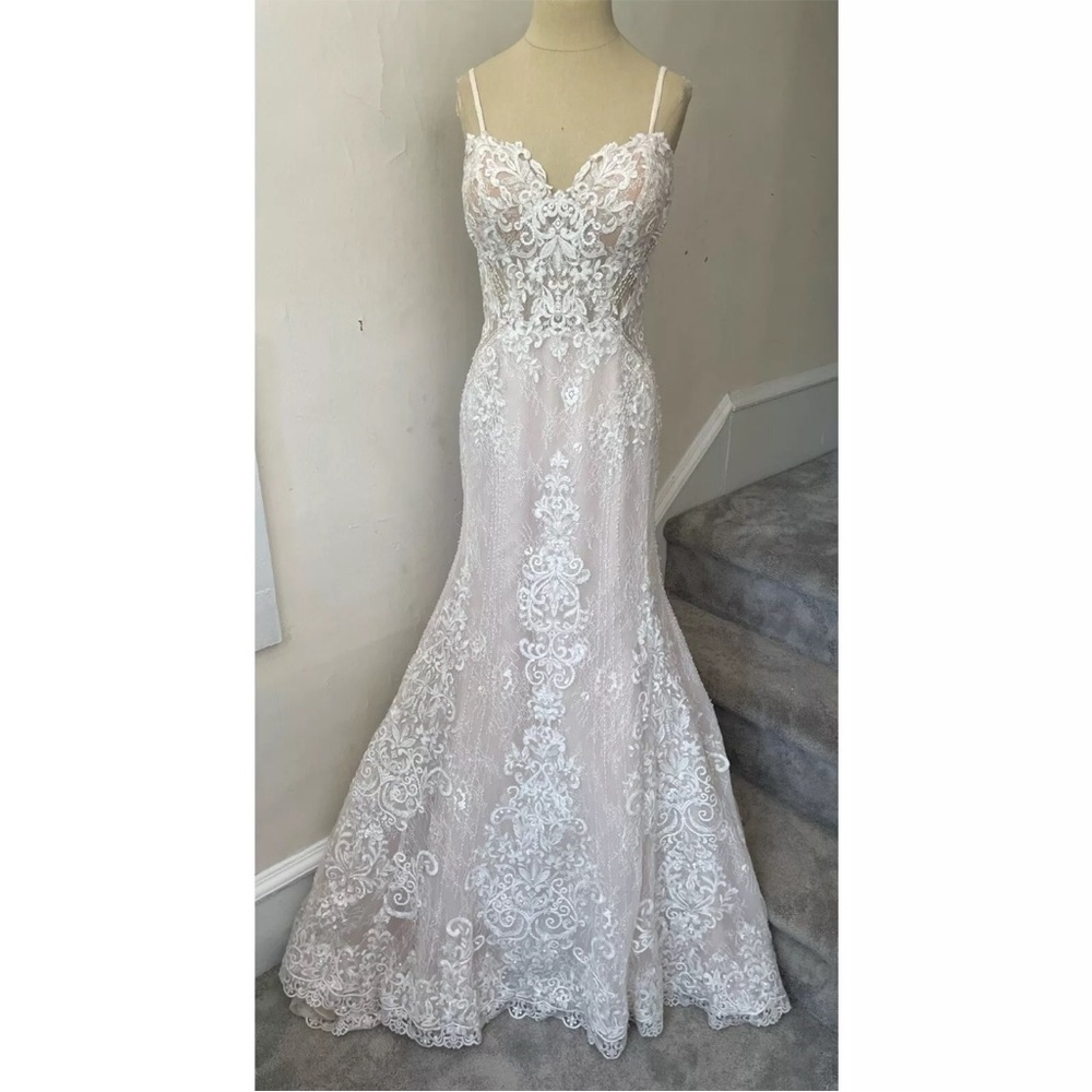 Essense of Australia Ivory Sheer Corset Linear Beading Wedding Dress D2366 Sz 12